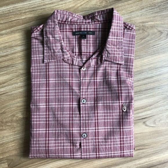John Varvatos Peace Sign Logo Plaid Button Up Short - Picture 1 of 6